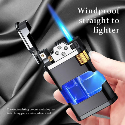 Windproof Blue Flame Butane Lighter with Transparent Gas Chamber & Wheel Ignition - Ergonomic Outdoor Lighter for Camping, Hiking, Candles - Durable Metal Construction, Perfect Gift for Dad, Boyfriend (No Butane Gas Included)