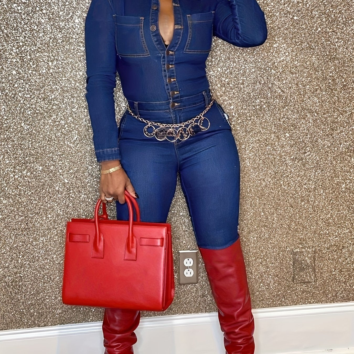 Women'S Stylish Blue Long - Sleeve Button - Front Denim Jumpsuit Chest Pockets & Deep V - Neck, Trendy For Night Out, Parties, Party Events, Clubbing & Evening Gatherings - Must - Have Fashion