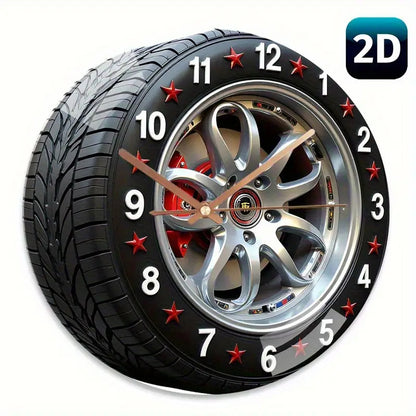 12 Inch Large Modern Car Tire Wall Clock - Heated Glass Silent Quartz Movement with Mechanism, Red & Black Rims & White Face - Battery- (AA Not Included) - Auto-Themed Home Decor for Living Room, Bedroom, - Novel, 2D Flat