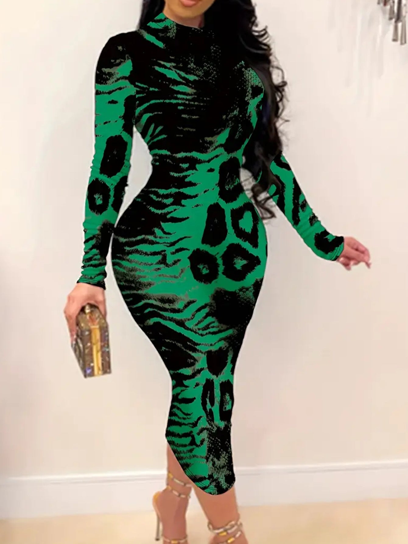 Plus Size - Plus Size Women'S Elegant Green & Black Leopard Print Bodycon Dress - Long Sleeve Slim-Fit Midi Length with Round Neck, All-Season Party & Everyday Outfits, Animal Print Statement Dress for Women (New Arrival)