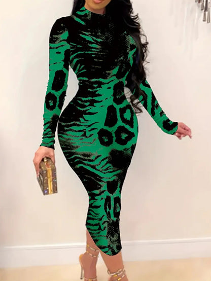 Plus Size - Plus Size Women'S Elegant Green & Black Leopard Print Bodycon Dress - Long Sleeve Slim-Fit Midi Length with Round Neck, All-Season Party & Everyday Outfits, Animal Print Statement Dress for Women (New Arrival)