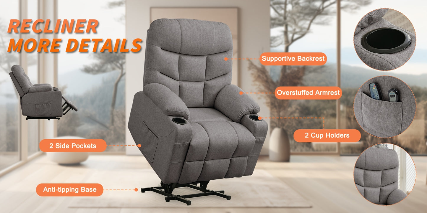Power Lift Recliner Chair For Elderly And Adults, Power Recliner Chair With Massage And Heating, Electric Recliner With Remote Control And Cup Holders For Living Room, Grey Linen Fabric