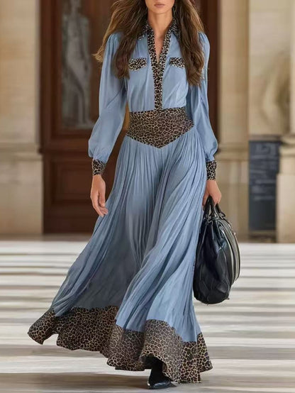 Women' Leopard Print -Neck Pleated Maxi Dress with Waist Definition - Vintage French Elegant Fitted Dress Suitable for Dates, Work & Social Events - Hand Washable Fall/Winter Long Dress