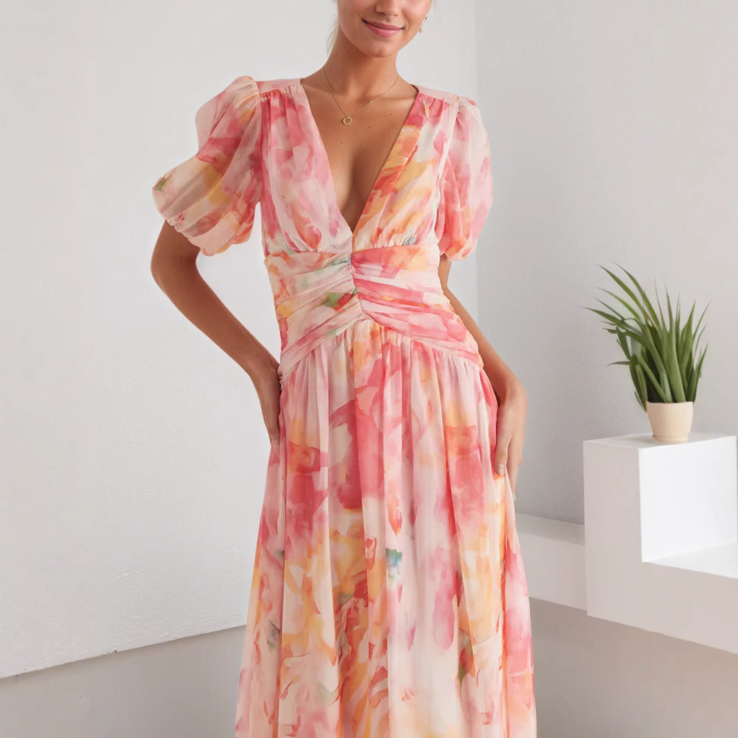 A Women'S Dress Featuring a Long Chiffon Skirt with a V-Neck And Short Sleeves, Designed with a High Waist And Print, Perfect for a Stylish And Refreshing Date Party Look