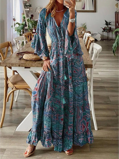 Women'S Autumn Fashion, Chic V-Neck Waist, A-Line Small Floral Design, Sophisticated Feminine Dress, Long Skirt