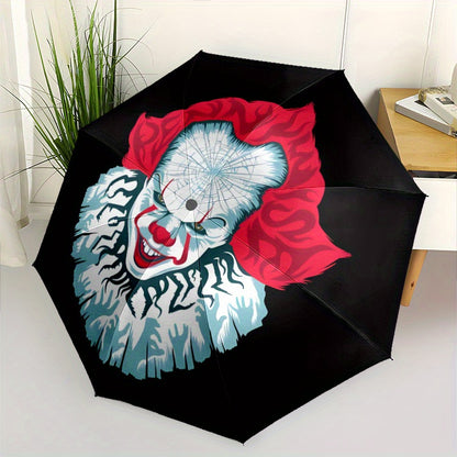 Pennywise Inspired Automatic Folding Umbrella - Durable 8-Rib Design, Portable Travel Umbrella with Vibrant Pennywise Face Artwork, Black with Red & White Stripes, Perfect Holiday Gift for Fans, Stylish & Functional Accessory
