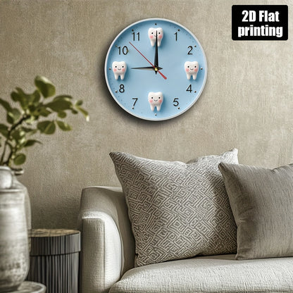 Non-Electric 2D Printed, Cartoon Teeth Theme Wooden Round Wall Clock, Farmhouse Style Home Decor for Kitchen, Bedroom, Office, Birthday & Holiday Gift, Easy to Read, Silent Operation, Battery Not Included, 9.8x9.8 Inches, 2D
