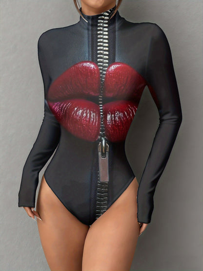 New Women's Lips Zipper Black Print Bodysuit - Slim Fit, Stand Collar, Long Sleeve, All-Season Versatile Jumpsuit, Stylish Outfit Bodysuit Stand Collar Top, Bodysuit for Women