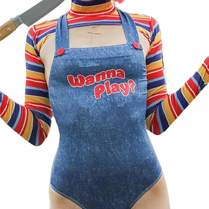 Women's 2pcs Bodysuit Jumpsuit - Sexy Mature Letter Print & Stripe Crop Top/Bodysuit Matching Outfit, Full-Body Suit for Cosplay, Theme Parties, Casual Attire - Hand Washable Adult One-Piece (Non-)