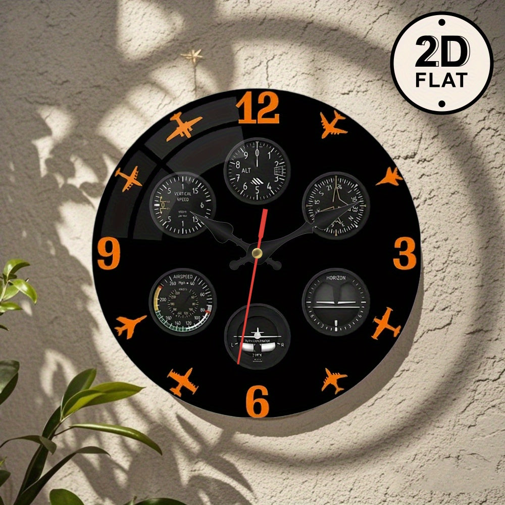 1pc Aviation Instrument Panel Wall Clock - Pilot Dashboard Design with Black Background, Orange Needle - Silent Non-Ticking Quartz Movement - for Living Room, Office, Aviation Decor - Compatible with AA Batteries (Not Include