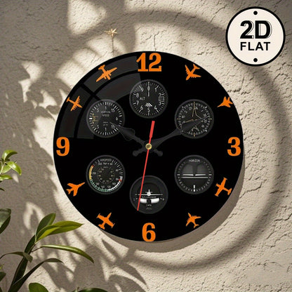 1pc Aviation Instrument Panel Wall Clock - Pilot Dashboard Design with Black Background, Orange Needle - Silent Non-Ticking Quartz Movement - for Living Room, Office, Aviation Decor - Compatible with AA Batteries (Not Include
