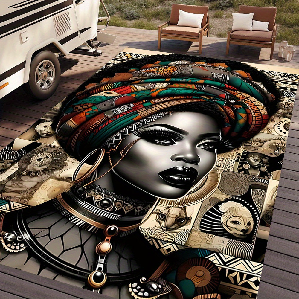 African-Inspired Tribal Art RV Camping Mat with Ethnic Headwrap Design - Durable Indoor/Outdoor Rug for Camping, Picnics, Living Room & Bedroom Decor, Camping Decorations