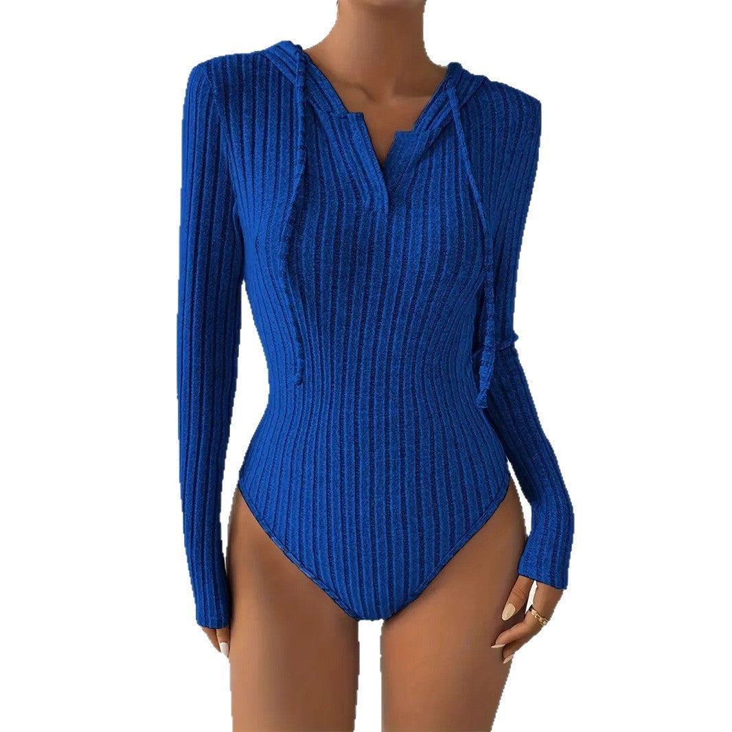 Women's Jumpsuit, V-neck Hooded Jumpsuit for Women, High-slit Bikini-style Slim-fit Loungewear, Brushed Ribbed Hooded Solid Color Jumpsuit and Romper