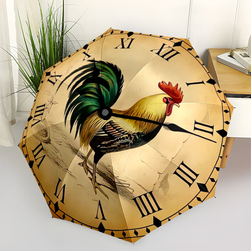 Automatic Open/Close Umbrella with Rooster Clock Face - Windproof Portable Folding Umbrella, 8-Rib Sturdy Frame, Golden & Design with Roman Numerals, Ideal Halloween/christmas Gift For Men & Women, Casual Fashion Umbrella, Du