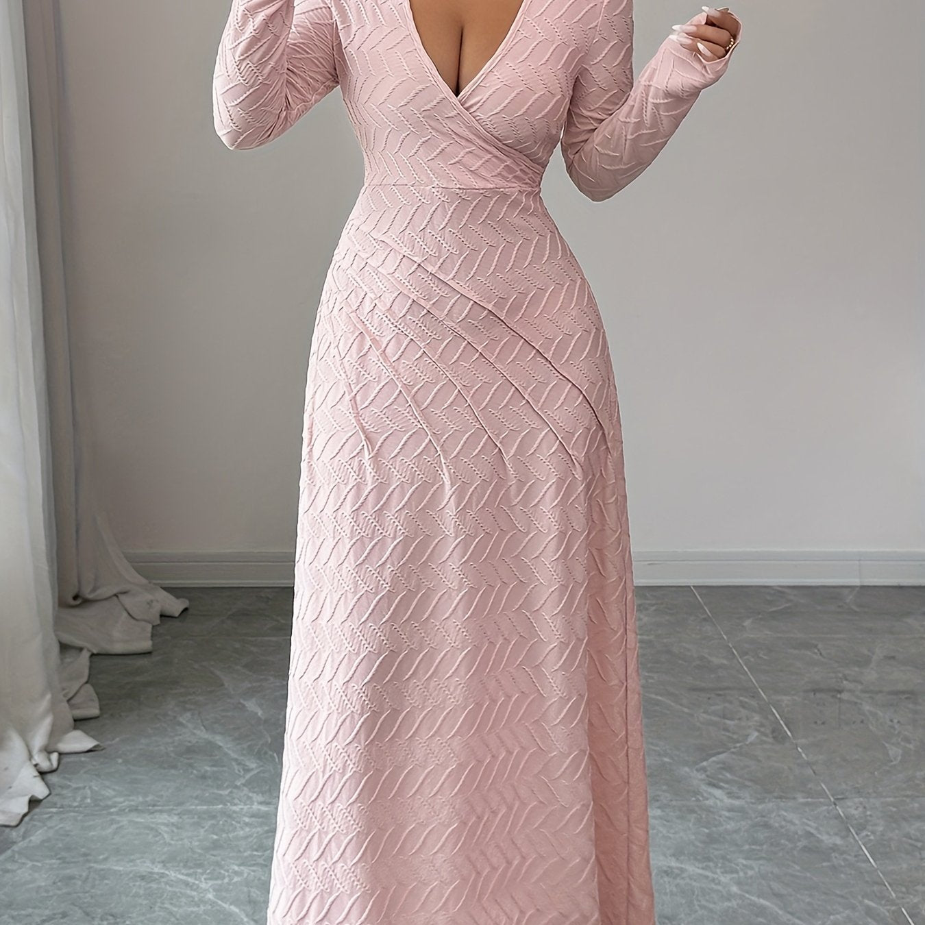 Women's Elegant V-Neck Long Sleeve A-Line Dress - Slim Fit Formal Gown with Cinched Waist, -Length Party Wedding Prom Dress, Machine Washable for all-Season Wear (No alterations needed)