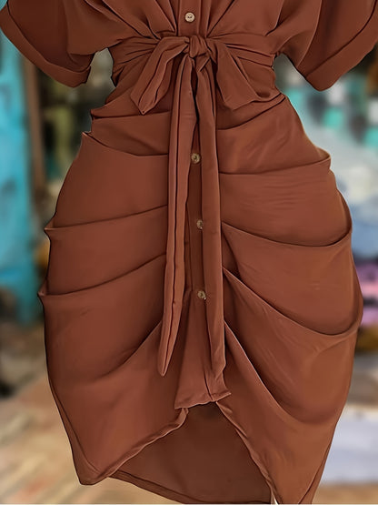 Women'S Stylish Solid Color Short-Sleeve Dress with a Single Button, Tie, And Bow Detail.
