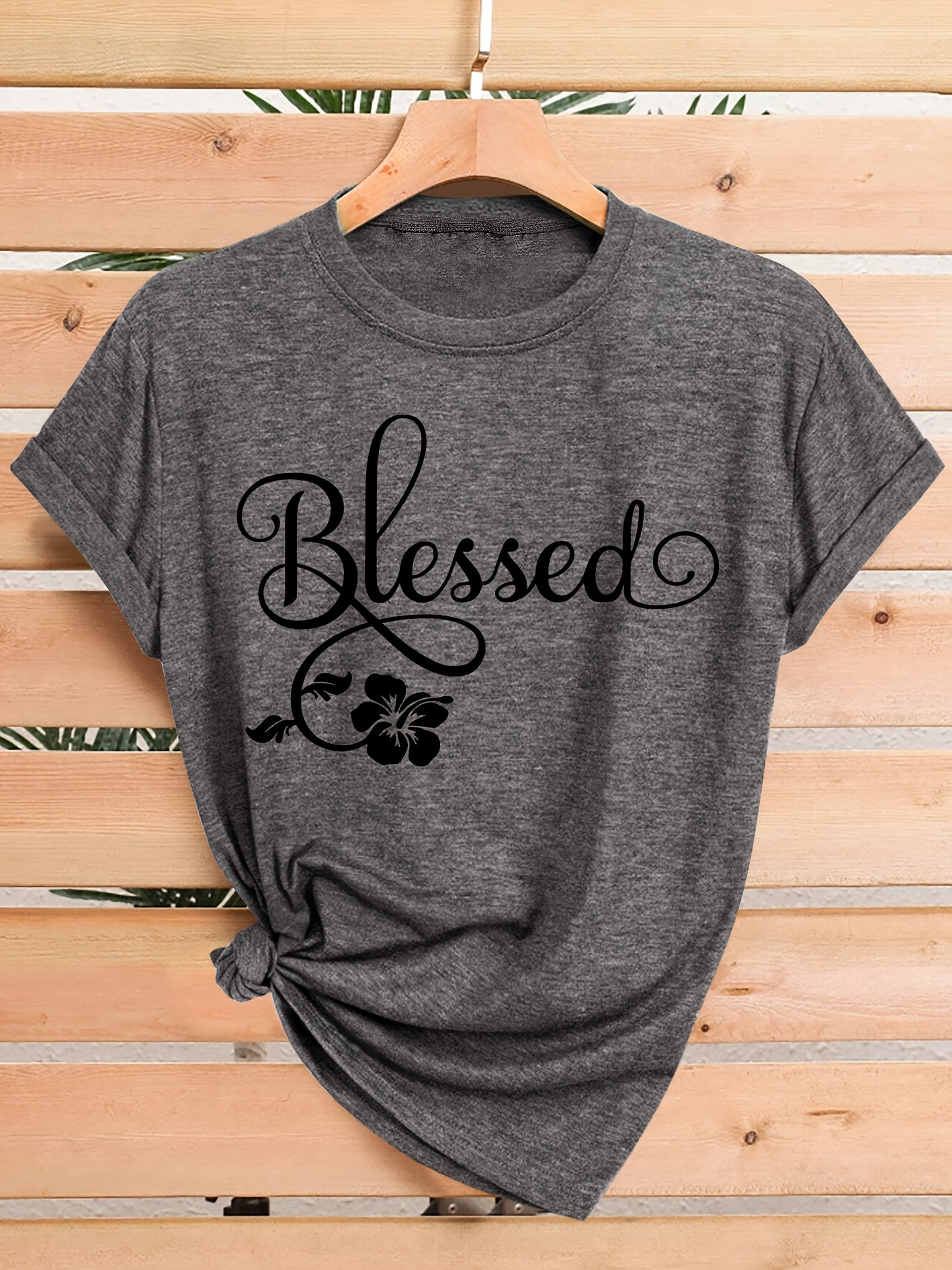 Women's Casual Short Sleeve T-Shirt - Blessed Floral Print Retro Style, Soft Stretch Round Neck Top, Machine Washable All-Season Comfort, Multi-Color Options S-XXL, Ladies T Shirts