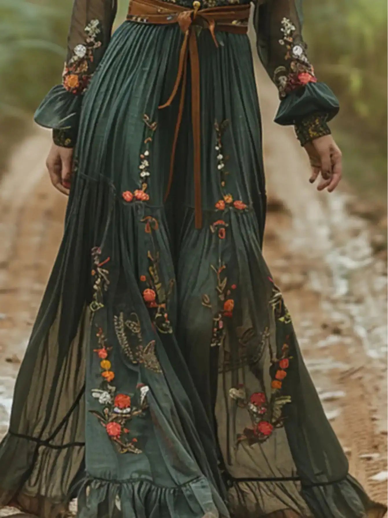[Bohemian Style]Elegant Women's Round Neck Dress- Long Sleeve with Faux Drawstring Waist, High-Low Hem, Suitable for Spring, Summer, and Autumn, Casual and Elegant| High Waist Dress| Polyester fabric- belt not included, Autum