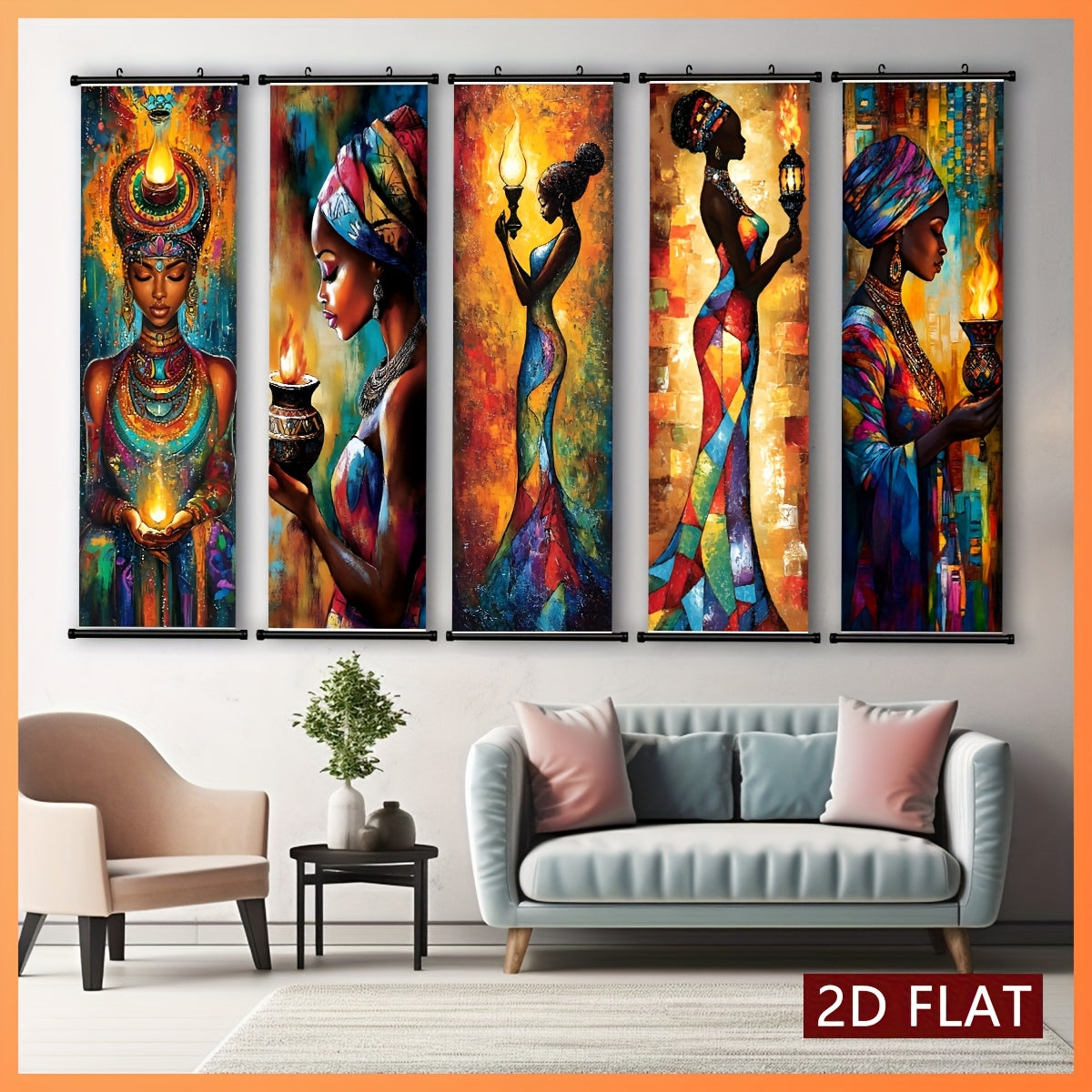 Positive And Lively Style 2D/Flat-5pcs Set of Decorative Canvas Paintings with African Tribal Features, with Plastic Frame Hooks, Easy to Hang, Suitable for Corridor And Living Room Wall Decoration, Art Works, Home Gifts, 2D