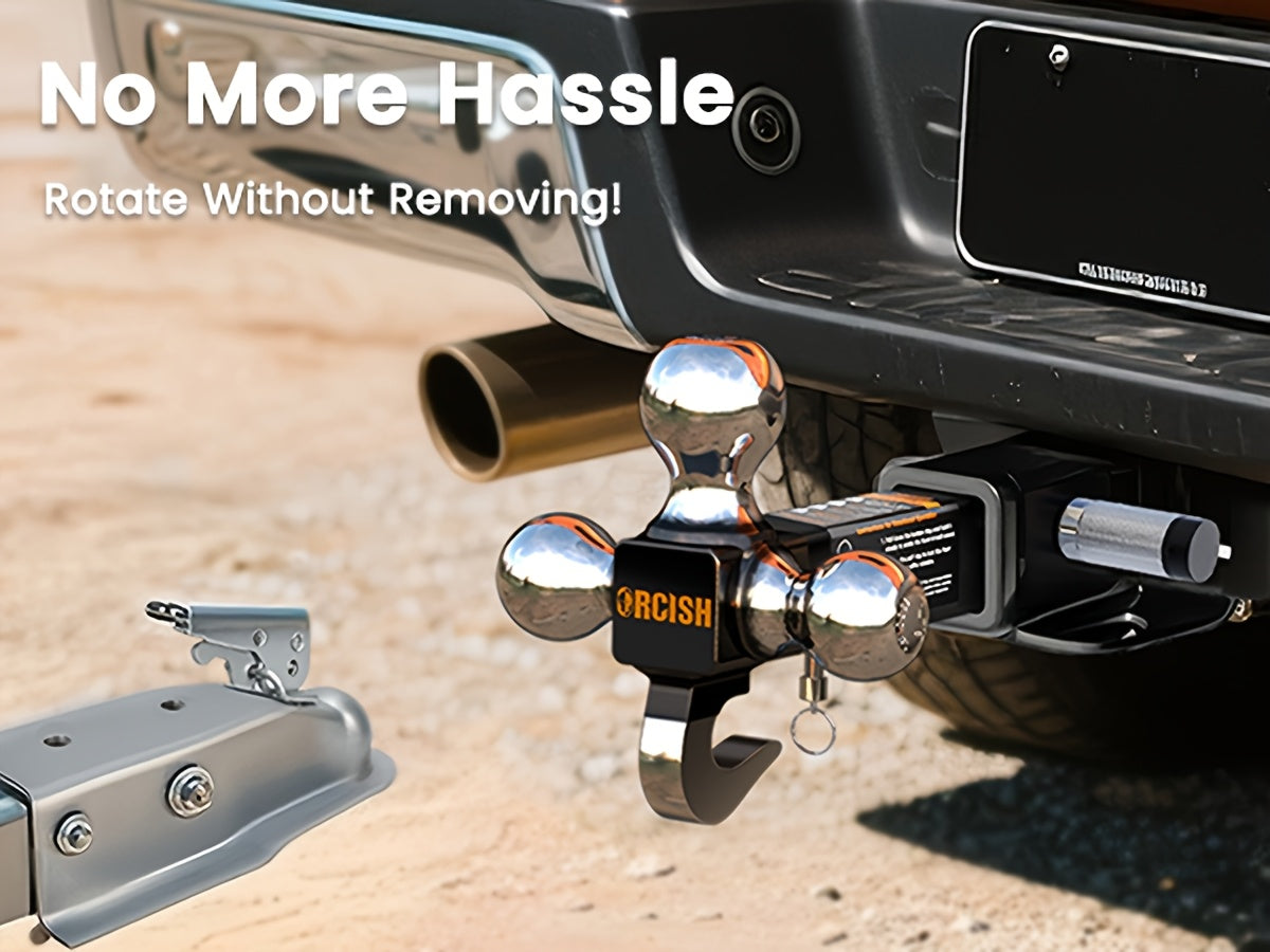 Trailer Hitch Tri-Ball Mount With Hook Contain Secure Self-Lock Latch, Hitch Ball Size 1-7/8", 2" And 2-5/16", Fit 2 Inch Hitch Receiver, Tow Hitch With Double Anti-Theft Pins Locks