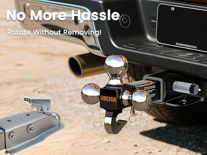 Trailer Hitch Tri-Ball Mount With Hook Contain Secure Self-Lock Latch, Hitch Ball Size 1-7/8", 2" And 2-5/16", Fit 2 Inch Hitch Receiver, Tow Hitch With Double Anti-Theft Pins Locks