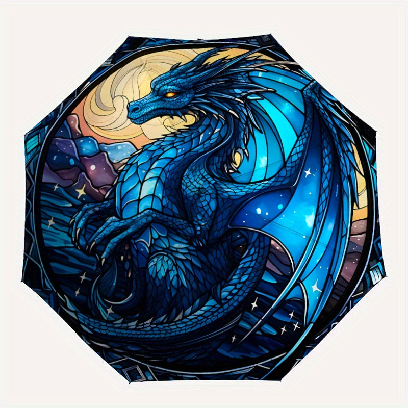 Automatic Open/Close Umbrella with One-Touch Button - Compact Folding Umbrella, Windproof 8-Rib Shaft, Auto Open Close, Portable for Travel, Commute, Everyday - Elegant Blue Dragon Design in Deep Blue & Golden Accents - All-S
