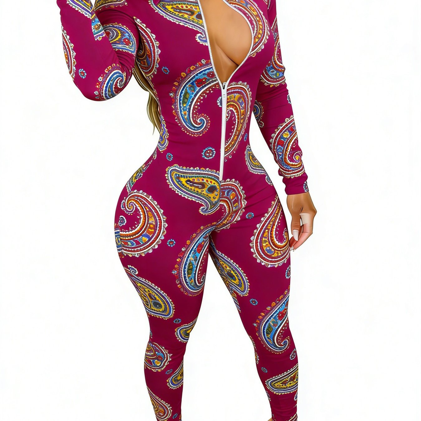 Women's Long Sleeve Slim-Fit Jumpsuit with Trendy Paisley Print - Purple Style Perfect for Daily Outings & Casual Occasions, Available in Sizes 2XS-2XL