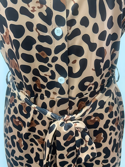 Women'S Leopard Print Jumpsuit - Casual & Vacation Style, Long Sleeve, Waist-Cinched, Polyester, All-Season Wear, Brown & Black Design, Elegant Design for Adult