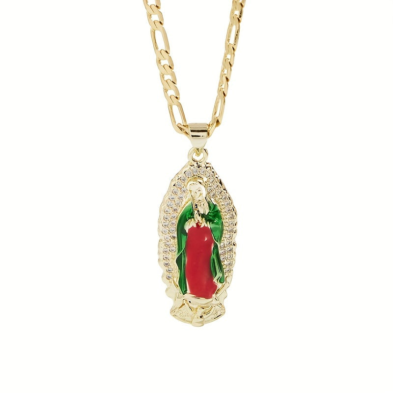 14K Golden Plated Virgin of Guadalupe Pendant Necklace with Sparkling Zirconia - Elegant Boho Style, Prayer & Blessing Charm, Perfect Mother'S Day Gift, Festive Jewelry | Elegant Boho Necklace | Zirconia Encrusted Pendant, Vi