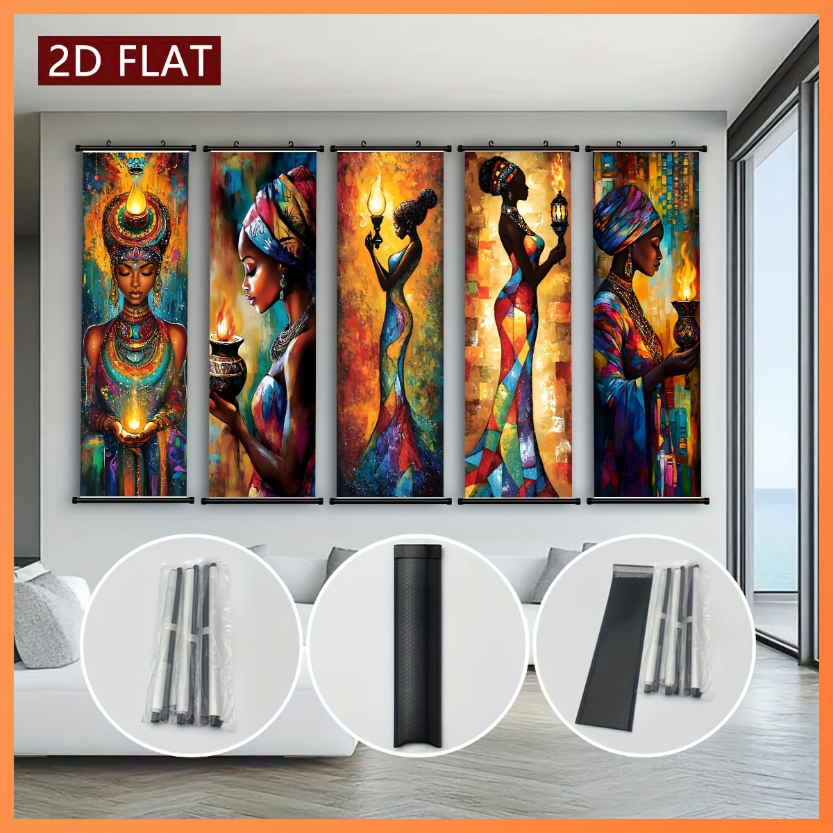 Positive And Lively Style 2D/Flat-5pcs Set of Decorative Canvas Paintings with African Tribal Features, with Plastic Frame Hooks, Easy to Hang, Suitable for Corridor And Living Room Wall Decoration, Art Works, Home Gifts, 2D