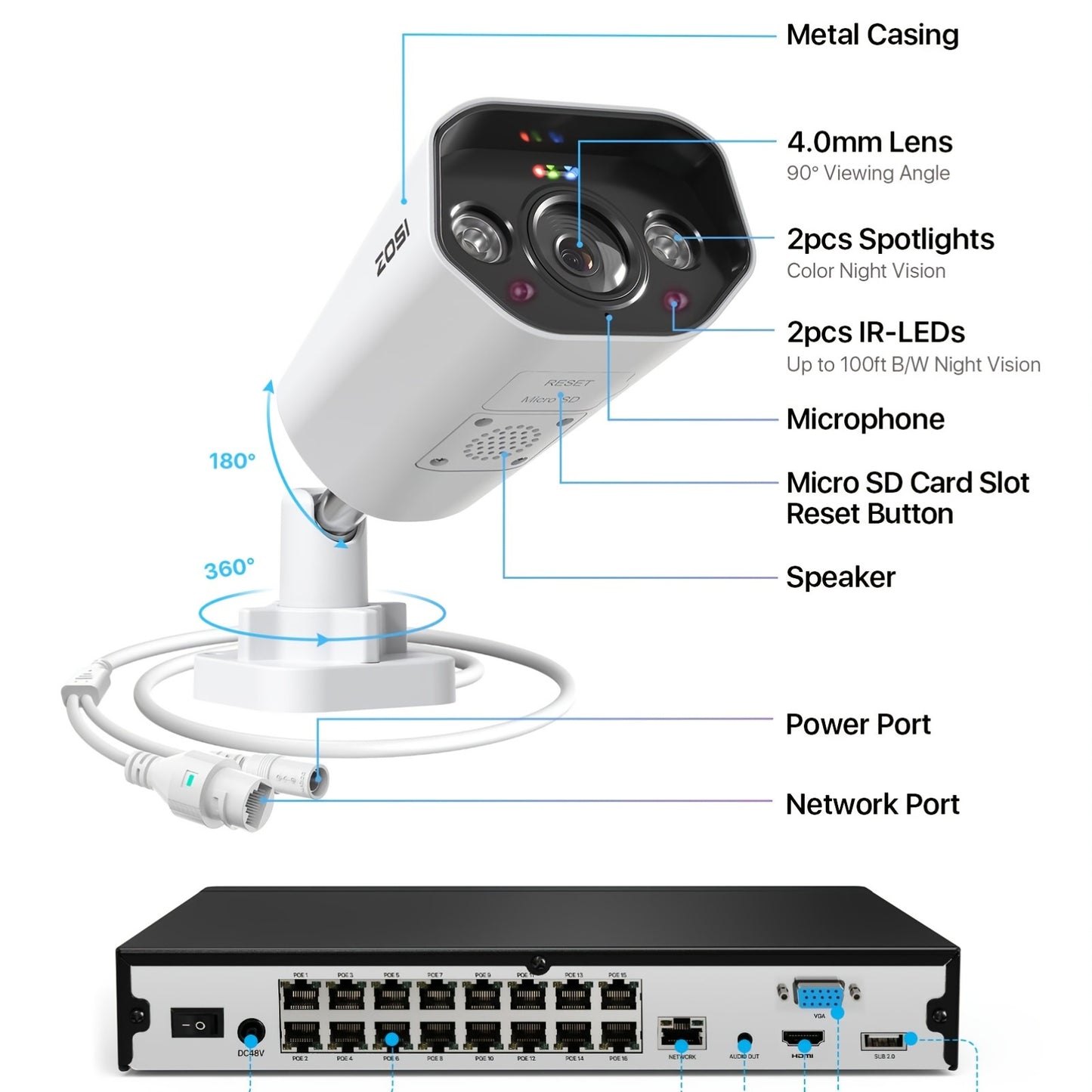 ZOSI 16CH 4K PoE NVR Home Security Camera System, 8 Cameras 4K C182 Audio Outdoor PoE Cameras with Color Night Vision, Person Vehicle Detection, 2 Way Audio, Pre-installed 4TB HDD, Outdoor Surveillance, Property Protection, P