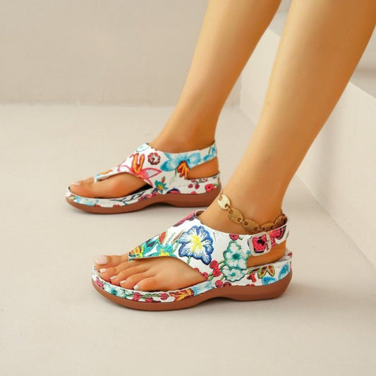 Women'S Plus Size Ethnic Floral Sandals - Adjustable Ankle Strap, Open Toe Platform Wedge Heel, Vibrant Embroidered Flower Design, Summer Casual Shoes, European & American Style, Summer Footwear | Vibrant Embroidery | Durable