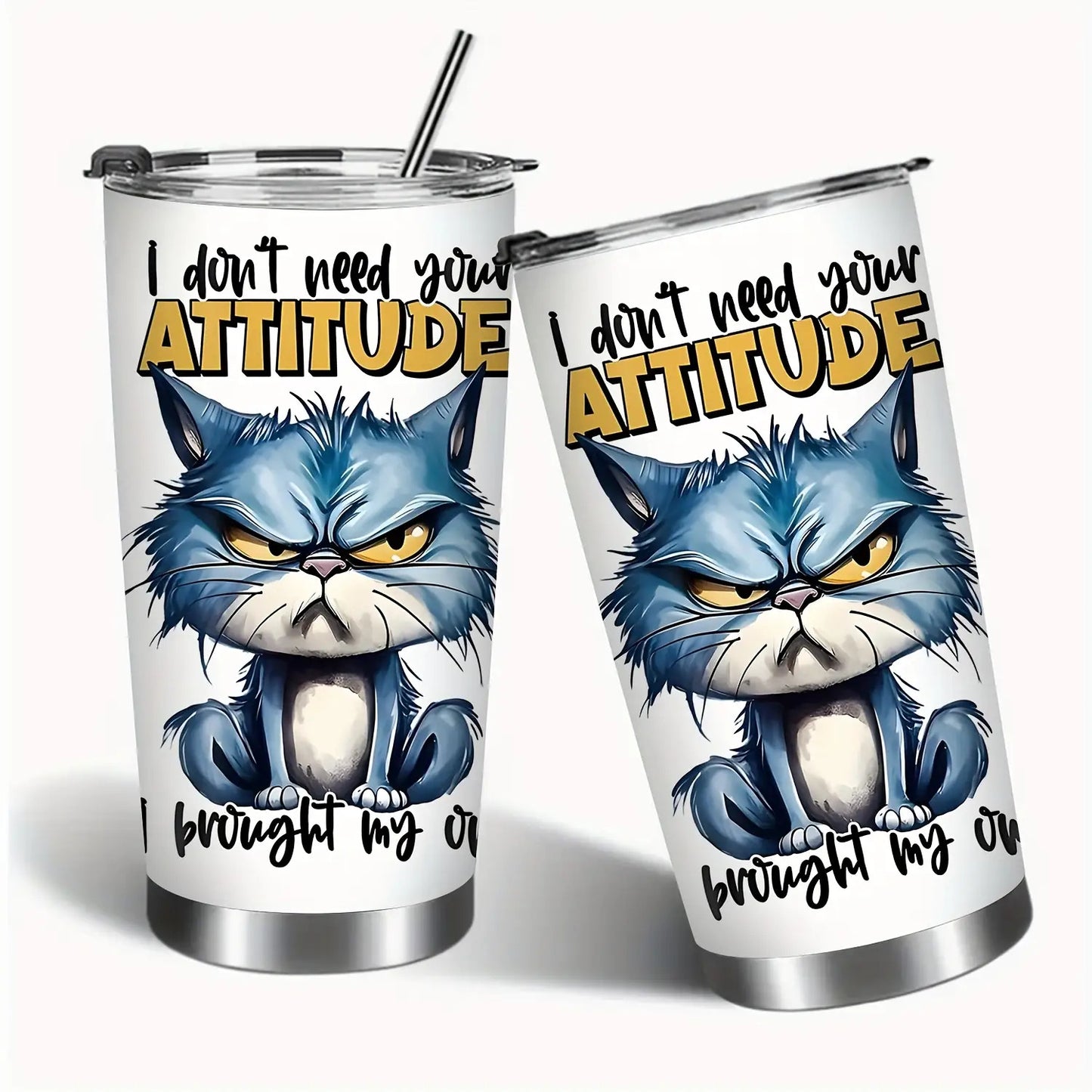 1pc 20oz Stainless Steel Tumbler with Lid - Double-Wall Vacuum Insulated Cup, Leakproof & -Slip Grip, Funny Grumpy Design with "I Don't Need Your ATTITUDE" Slogan, Hot/Cold Beverage for Office, Travel, Camping, School - Gift