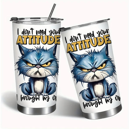 1pc 20oz Stainless Steel Tumbler with Lid - Double-Wall Vacuum Insulated Cup, Leakproof & -Slip Grip, Funny Grumpy Design with "I Don't Need Your ATTITUDE" Slogan, Hot/Cold Beverage for Office, Travel, Camping, School - Gift