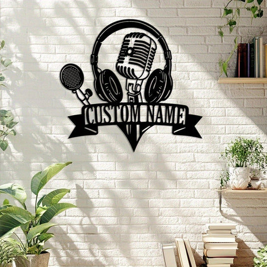 2D Flat, 1pc Customizable Metal Sign with Headphones & Microphone Silhouette Wall Art - Personalized Name Banner, Durable Iron Wall Decor for Home Studio, Living Room, Outdoor Patio - Music-Themed Decorative Accent, Metal Wal