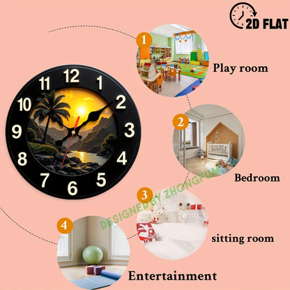 12inch Silent Wall Clock, Palm Tree, Sunset, Mountain, River. 2D FLAT Pattern Wood Non-Ticking Nursery Wall Clock, Quiet Clock for Bedroom Homes Office, Cool Stuff for Room Decor, Thanksgiving Day Christmas Holiday Decor, Bed