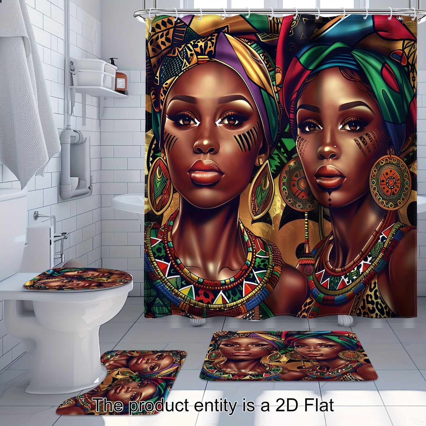 1pc/4pcs - 2D Flat Black Shower Curtain Set, African American Women Western Fashion Art Bathroom Set, Full Set Of 12 Hooks, Non-slip Bath Mat, Toilet U-Shaped Mat, Toilet Mat, Bathroom Decor And Accessories, 2D Flat