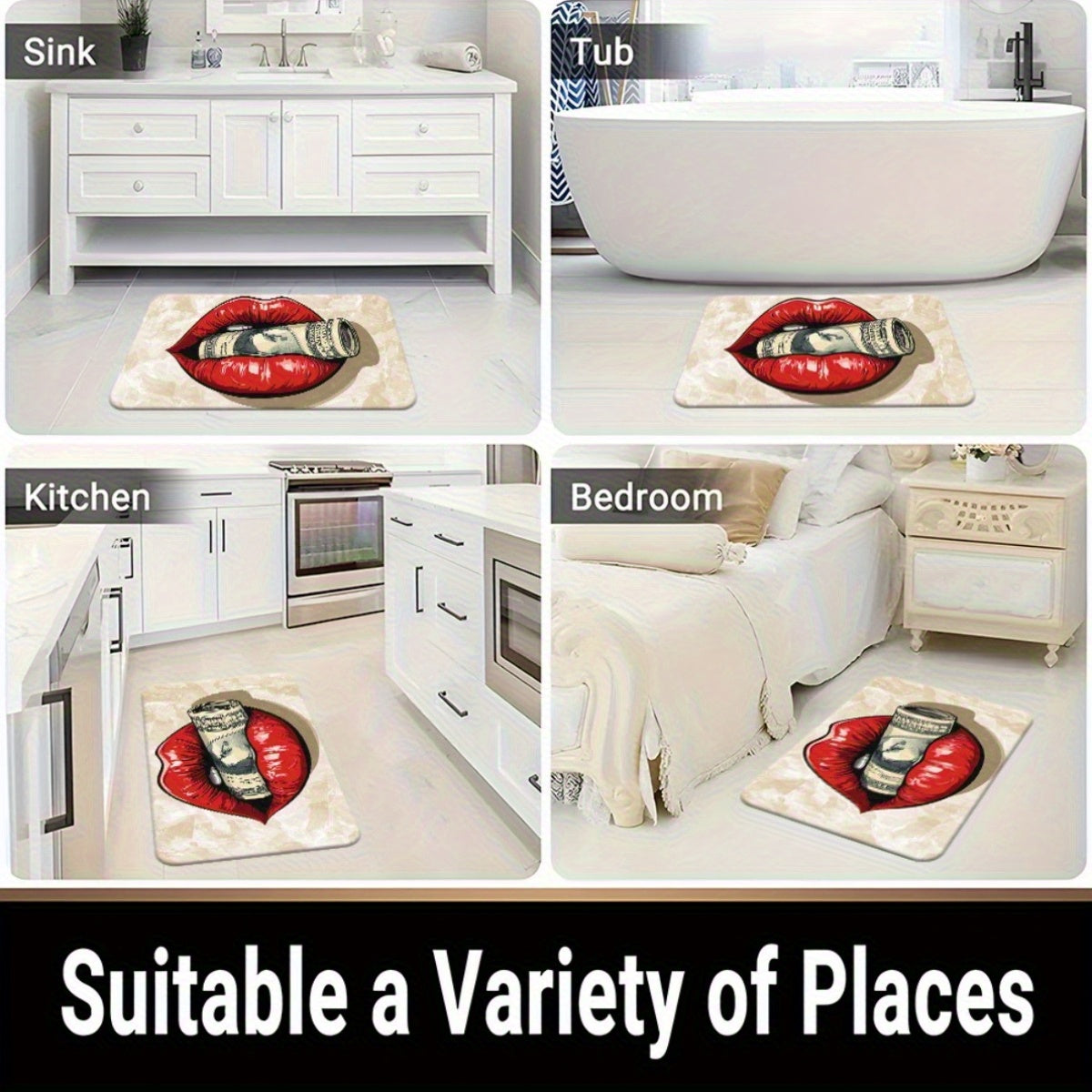 1pc Red Lips with Money Visual Door Mat - Microfiber, Absorbent, Machine Washable Polyester Rug for Bathroom, Bedroom, Living Room Entrance, Bathroom Mat | Artistic Floor Mat | Durable Floor Covering, Bathroom Decor