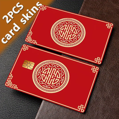 2pcs Large Red China Festival Card Skin - Durable PVC Privacy Protection Sticker, Suitable for Credit Cards, Bank Cards and Transportation Cards, Scratch-Resistant, Fashion Decorative Accessories and Gifts, Removable Self-Adh