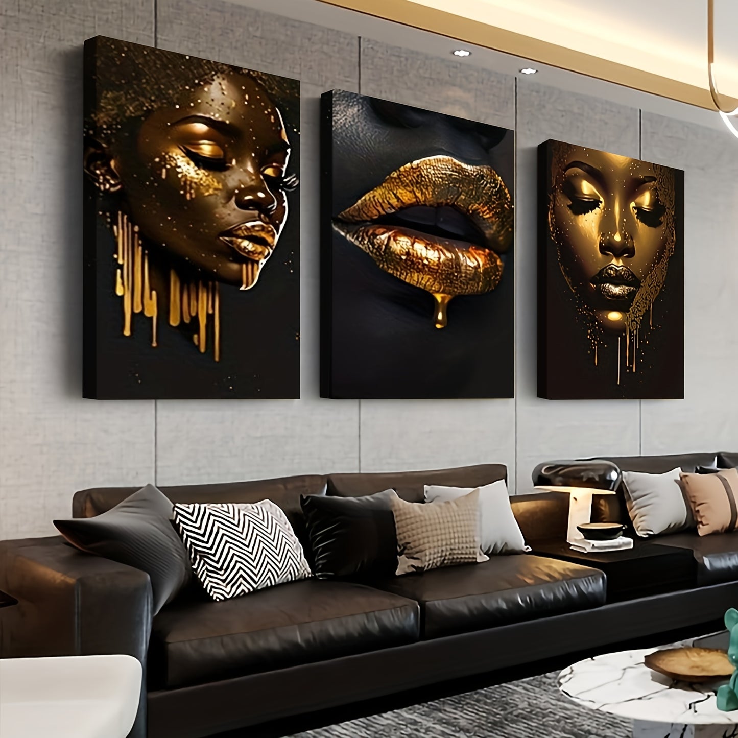 3pcs inset wood framed canvas paintings Golden and black portrait with bold lipshome decor and accessorie