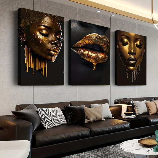 3pcs inset wood framed canvas paintings Golden and black portrait with bold lipshome decor and accessorie