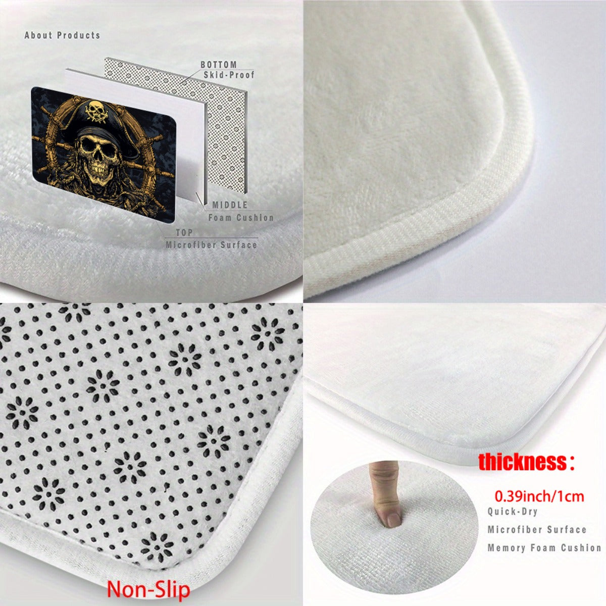 1pc Pirate Skull & Wheel Design Microfiber Absorbent Machine Washable Polyester Rug - Black & Golden Pirate Ship Wheel & Skull Motif, Durable Rectangular Floor Mat for Bathroom, Bedroom, Living Room Entrance, Home Decor, Bath