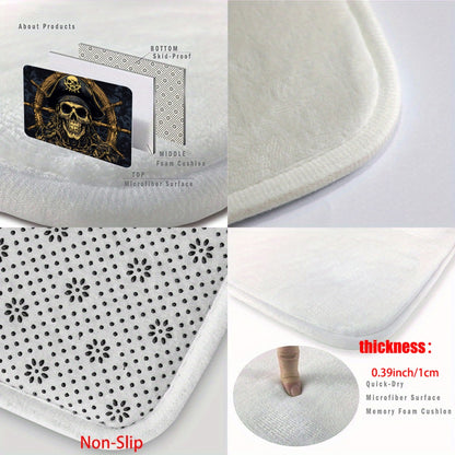 1pc Pirate Skull & Wheel Design Microfiber Absorbent Machine Washable Polyester Rug - Black & Golden Pirate Ship Wheel & Skull Motif, Durable Rectangular Floor Mat for Bathroom, Bedroom, Living Room Entrance, Home Decor, Bath