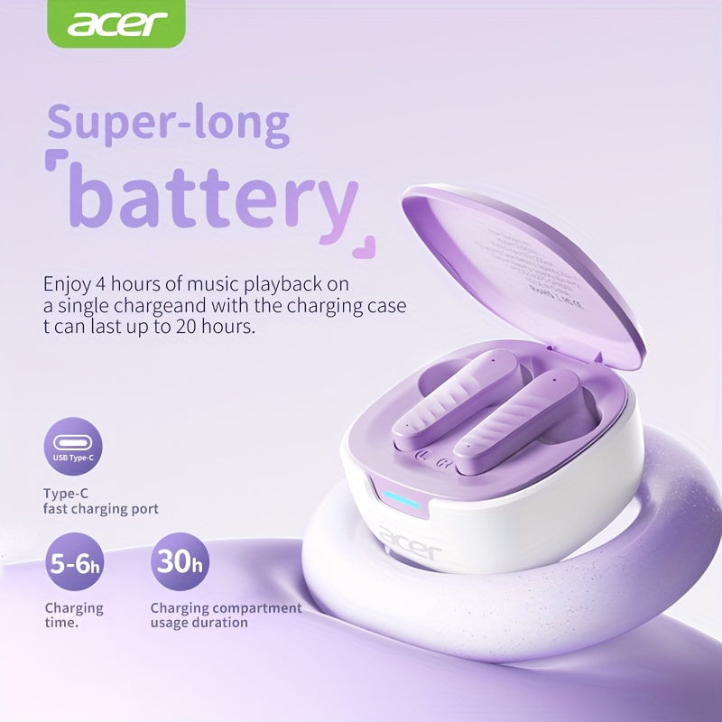 [ACER Official Authentic Product] TWS Wireless Earbuds Deep Bass Stereo Sound Cute Macaron Colors Extra-Long Battery Life In-Ear Design for Sports/Running Low-Latency Gaming Mode Hi-Fi Audio Lightweight Touch Control Stylish