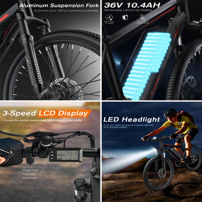 26" Men Electric Mountain Bike For Adults, Ebike With 36V 374Wh Removable Battery Electric Bicycle, 500W Peak Motor Electric Dirt Bike, 21-Speed Ebike, 19 MPH, Up To 50 Miles, Input 100-240V For Charger FY-4202000, Applicable