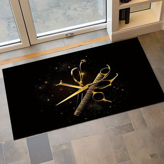 Luxury Salon Mat - Large Non-Slip Hairdressing Mat with Golden Scissors Design, Thick Heavy-Duty Floor Mat for Salon, Living Room, Office - Machine Washable Beauty School Decor - Elegant Black & Golden Hairstylist Floor Mat,