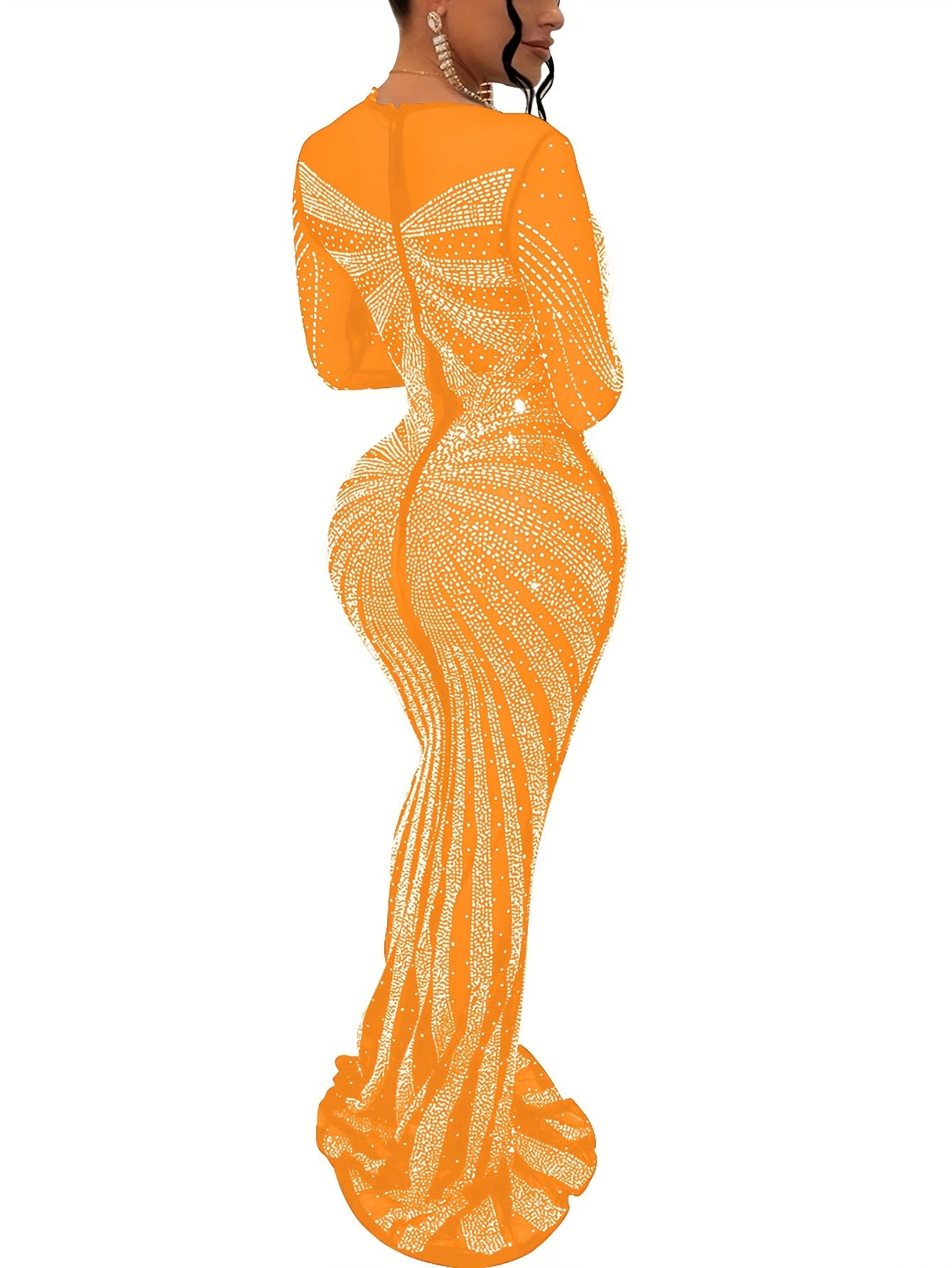 Long Sleeve Maxi Dress - Elegant Sheer Mesh with Rhinestone Detail - Bodycon Fit for Women - Perfect for Spring/Summer/Fall