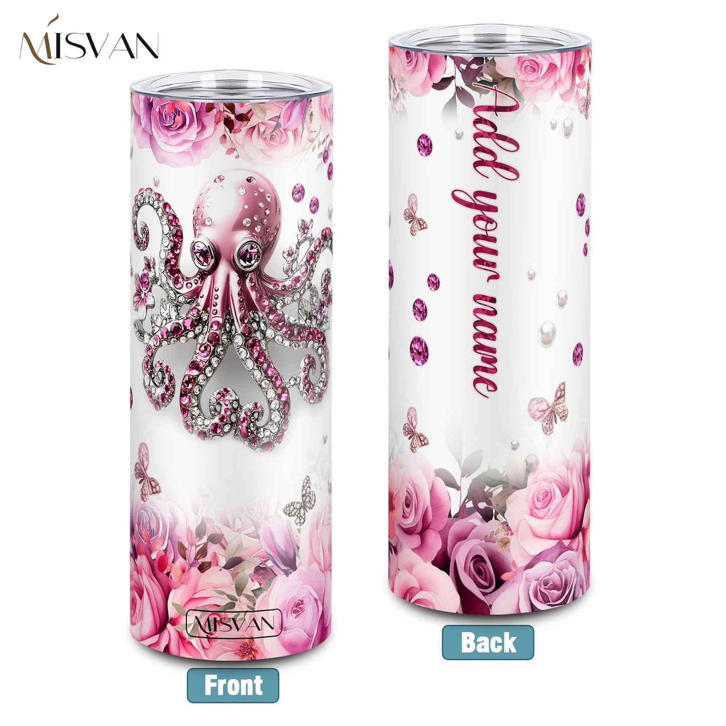 1pc Customized Name Stainless Steel Tumbler | 20oz/22oz/40oz Insulated Water with Lid, Reusable, Round Shape, 304 Stainless Steel, Ideal for Easter, Thanksgiving, Father'S Day, Mother'S Day, Graduation, White Diamond Butterfl