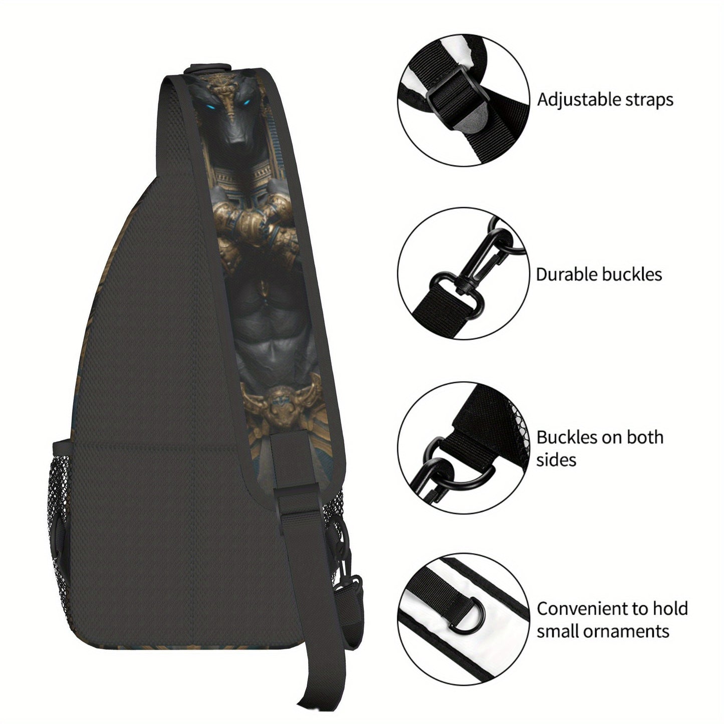 Men's Egyptian God Anubis Sling Bag - Egyptian-Themed Chest Pack with Anubis Print & Horus-Eye Golden Accent, Zipper Closure, Hands-Free Crossbody Bag for Cycling, Travel, Casual Use - Ancient Egyptian Design Gift for Adventu