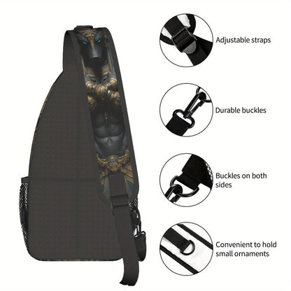 Men's Egyptian God Anubis Sling Bag - Egyptian-Themed Chest Pack with Anubis Print & Horus-Eye Golden Accent, Zipper Closure, Hands-Free Crossbody Bag for Cycling, Travel, Casual Use - Ancient Egyptian Design Gift for Adventu